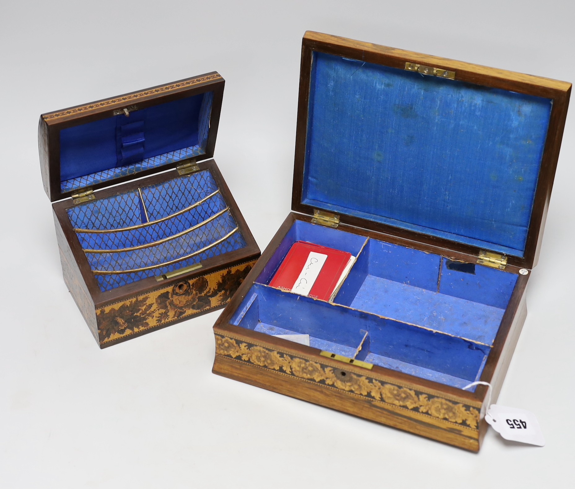 A Tunbridgeware rosewood games box with view of Bodiam Castle, a brush and a stationery box, largest 24cm wide, 18cms deep